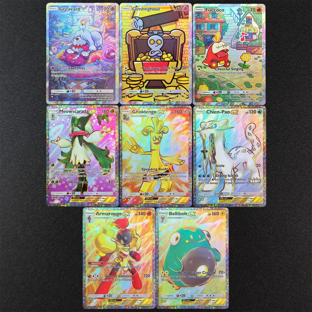 

Коллекционная карточная игрушка TCG на английском языке: B2a ex Gholdengo, Chien-Pao, Fuecoco, Armarouge, Gimmighoul, Bellibolt, Greavard, Meowscarada (сделано своими руками)