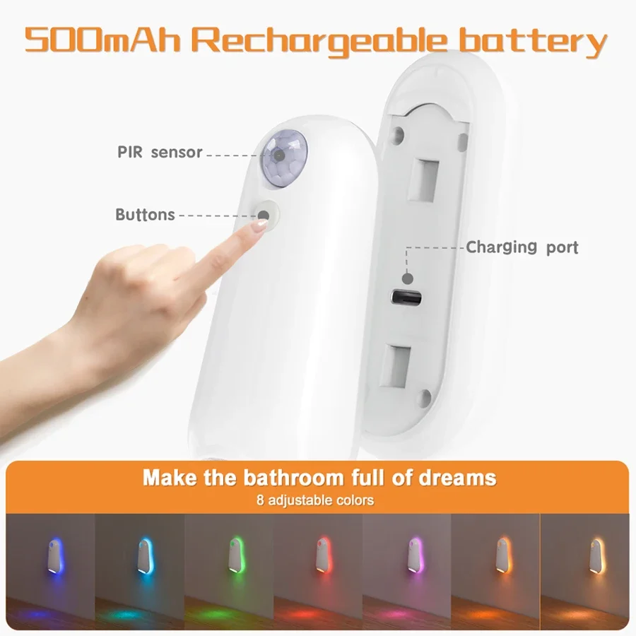 RGB Toilet Night Light Smart Led Lamp with Motion Sensor for Bathroom Restroom 8 Colors USB Wireless Rechargeable Waterproof