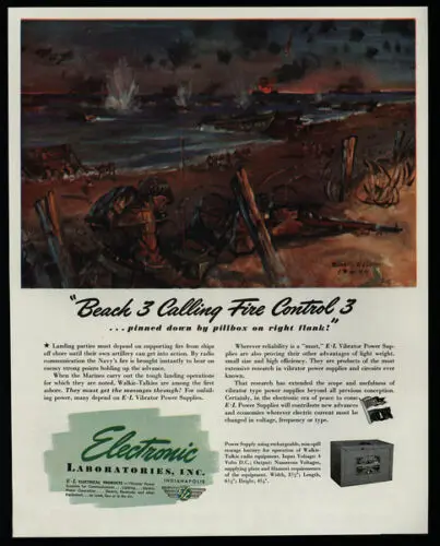 1n,1944 ELECTRONIC Laboratories – Schlacht der Soldaten aus dem Zweiten Weltkrieg – BENTON CLARK – VINTAGE AD-Blechschild
