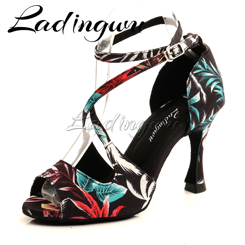 Ladingwu Salsa Jazz Ballroom Latin Dance Black Shoes For Dancing Social Strip High Heels Featured Graffiti Satin Sandals