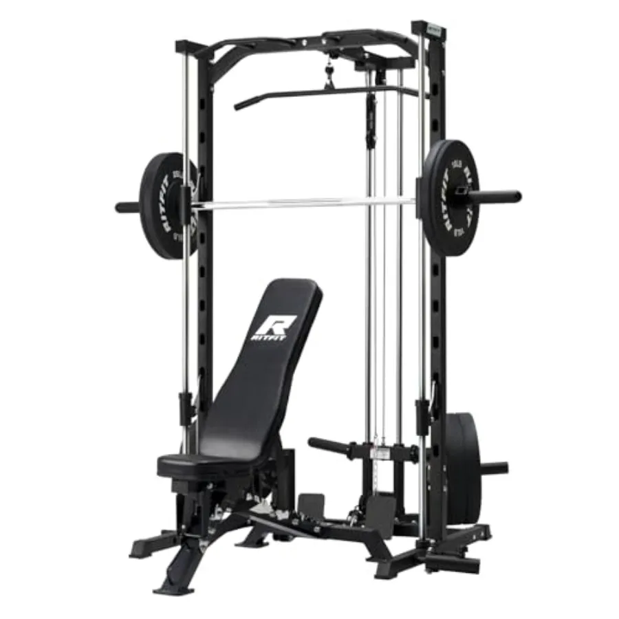 

Gym power rack for strength training: steel construction, black finish, integrated LAT-pull down, landmine, barbell holder, pla