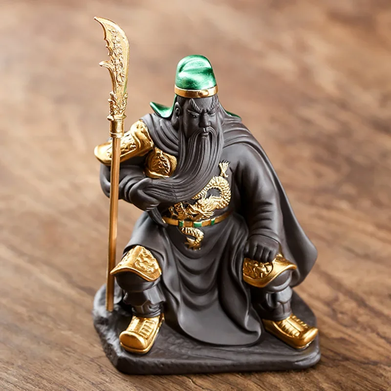 Tea Pet Ornaments Guan Yu Martial God Beautiful Beard Wen Wu Guan Yunchang Holding A Knife Purple Sand Boutique