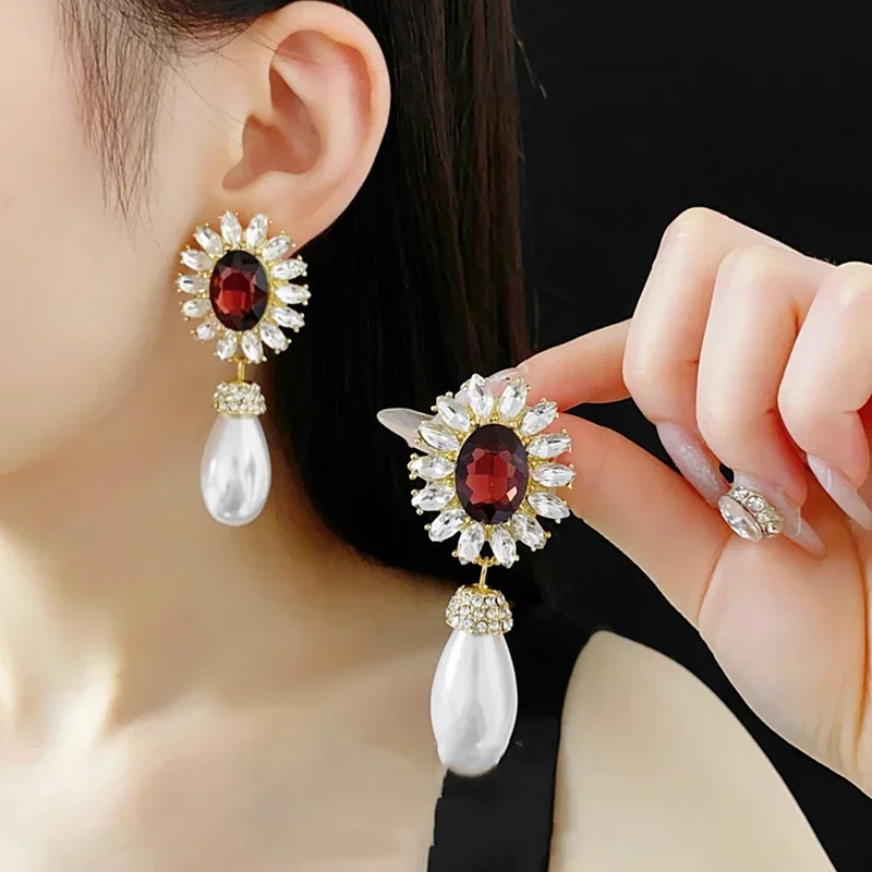 진주 목걸이 웨딩 신부 쥬얼리 꽃 상감 라인스톤 드롭 크리스탈 초커 귀걸이 목걸이 여성용