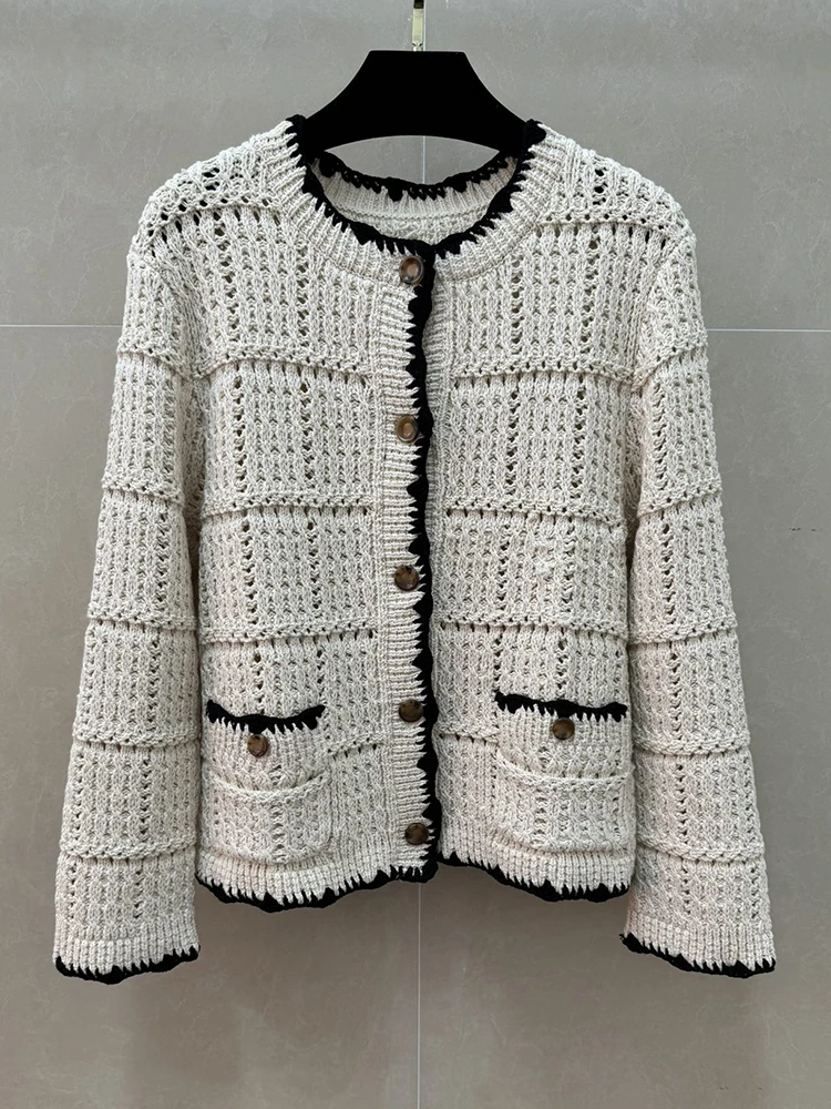 

Весенне-осенний модный белый простой повседневный ажурный вязаный кардиган женский с круглым вырезом, длинным рукавом, на одной пуговице