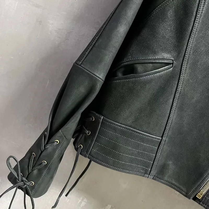 new fashion coat spring autumn 2025 natural real suede leather jacket short length Turkish oil wax skin Tie decoration