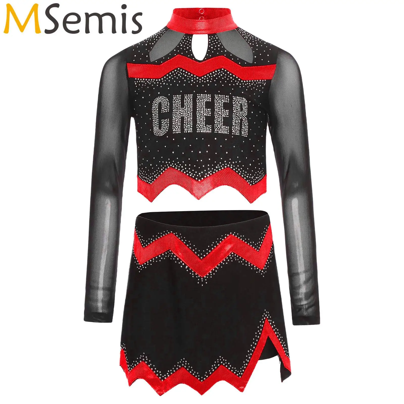 

2Pcs Girls Cheer Leader Costume Cheerleading Uniform Shiny Rhinestone Crop Top And Dance Skirt Set Cheer modern Dance Outfit