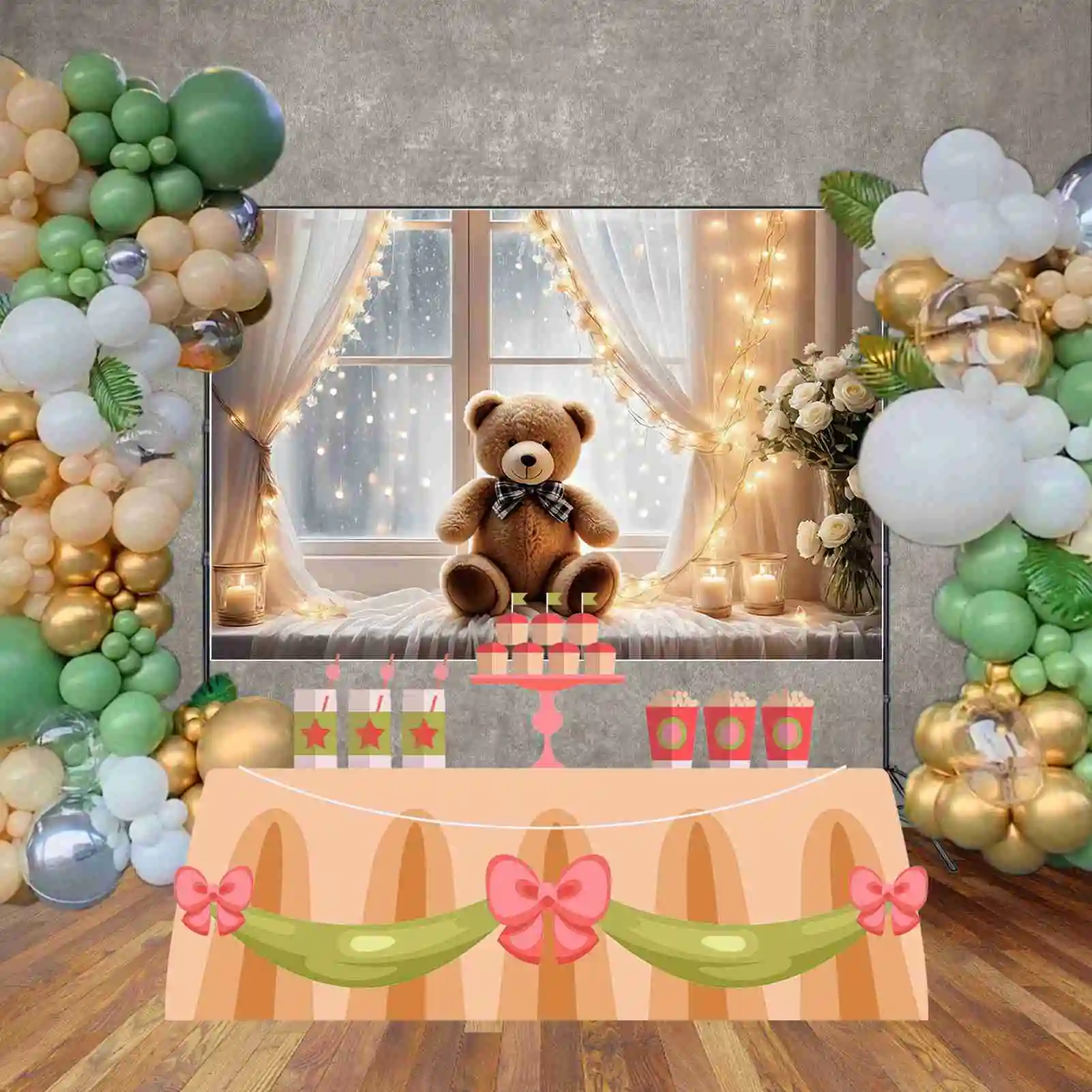 Bulan. QG dekorasi pesta ulang tahun 1 tahun latar belakang Teddy beruang bunga balon foto latar belakang anak-anak tirai jendela alat peraga menembak