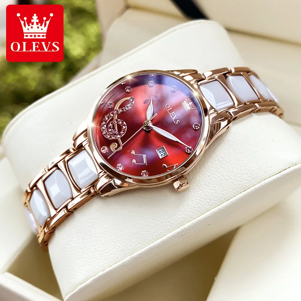 OLEVS 3605 Quartz Watch Women Fashion Casual Musical Element Design Waterproof Creative Ceramic Brand Wristwatch Top Gift Lover