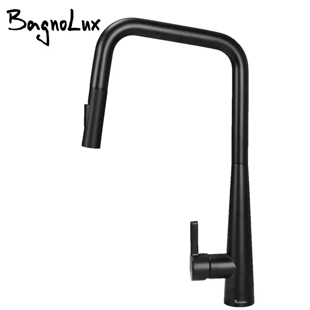 Bagnolux Black Brass Deck Mounted Kitchen Faucet Two Function Single Handle Pull Out Mixer Hot and Cold Water Pull Out Taps view 2