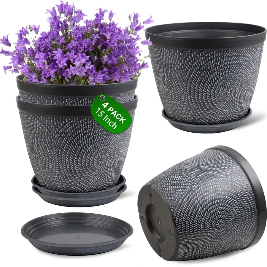 

Quarut 4 Pack 15 Inch Large Planter Pot for Plants Outdoor Indoor, Plastic Flower Pots with Drainage Hole Saucer, Modern Decora