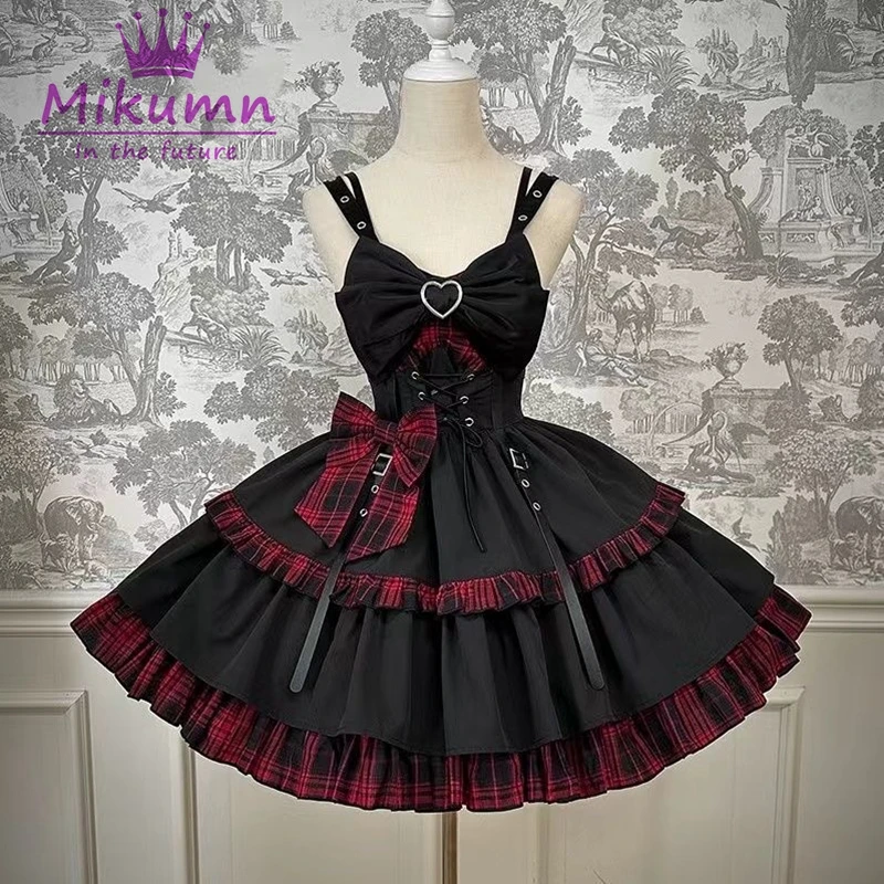 Mikumn Gothic Y2K Lolita-Kleid für Damen, Vintage-Stil, schwarze Schleife, Schnürung, Rüschen, Punk-Kleid, ärmellos, Spaghettiträger, Party-Minikleider