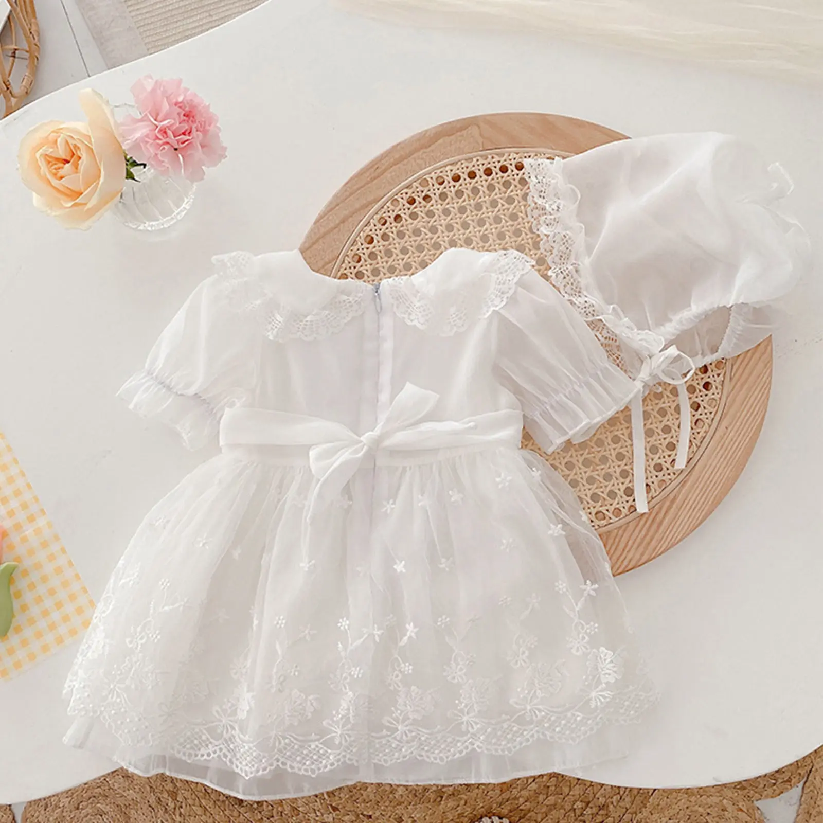 Baby Girls Floral Embroidery Baptism Party Dress Short Sleeve Lace Solid Princess Dress for Christening Wedding Birthday Banquet