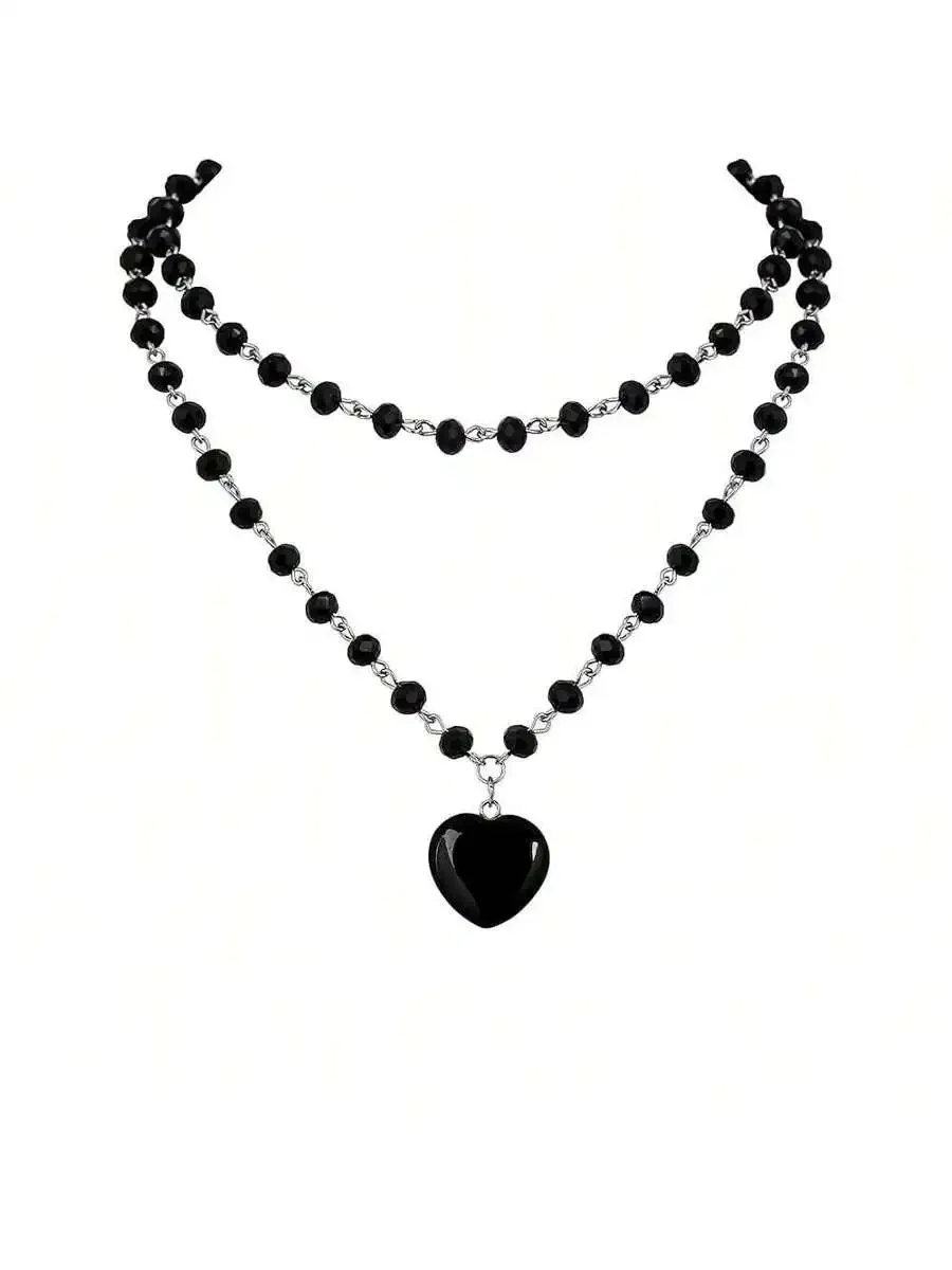

Gothic Y2k Layered Black Beaded Heart Choker Necklace For Women