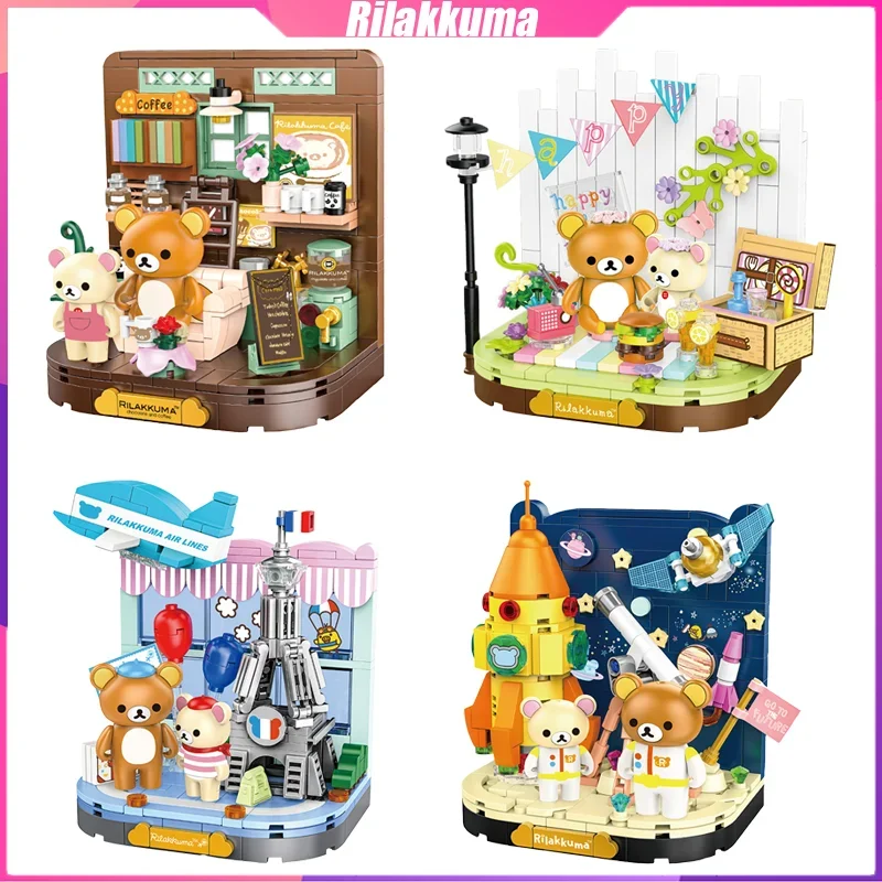 Rilakkuma Building Blocks Coffee House Explore Space Desktop Decoration Puzzle Assembling Model Toys Birthday Gifts for Kids