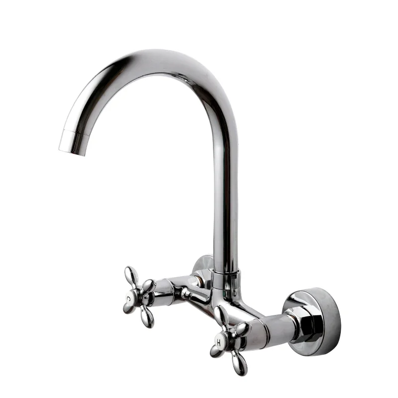 Wall Mounted Kitchen Faucet Copper Dual Handle Basin Faucet Hot and Cold Wash Basin Mixer Tap Balcony Laundry Pool Mixing Valve