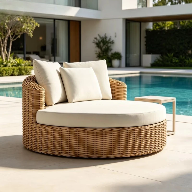 Outdoor Rattan Chaise Lounge Aluminum Frame Chaise Lounge with Upholstered
