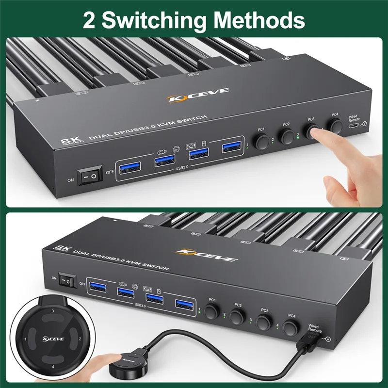 

KCEVE KVM Switch 4 Computer 2 Monitors Displayport USB 3.0 KVM Switcher Supports 4K@60Hz DP Port KVM Switch EU PLUG