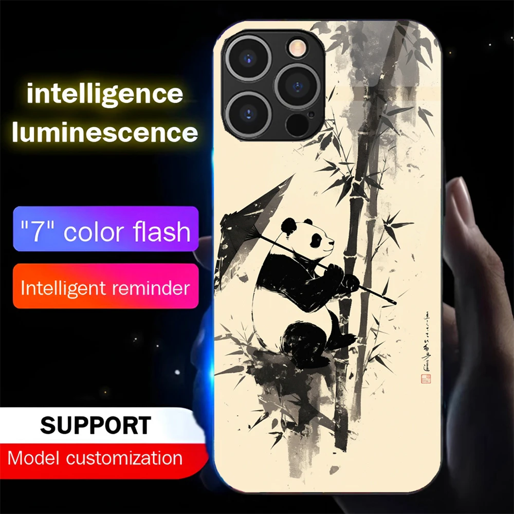 

So Cute Panda Wash Painting Led Light Phone Case Call Flash Glitter Cover For iPhone Air 17 16 E 15 14 13 12 11 Pro Max Plus SE