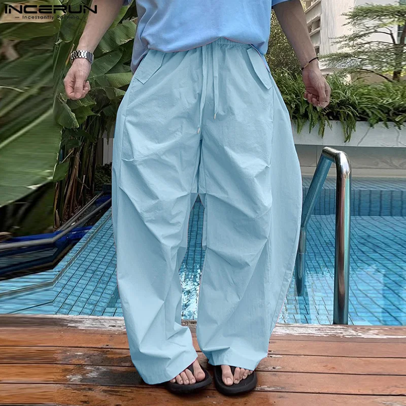 

INCERUN Men Cargo Pants Drawstring Solid Color Joggers Casual Trousers Men Streetwear 2025 Quick Dry Fashion Male Pants S-5XL