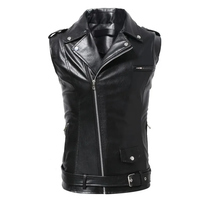 Men Vest Black Biker Motorcycle Hip Hop Waistcoat Male Leather Punk Zipper Sleeveless Leather Vest Slim Casual Black Vest