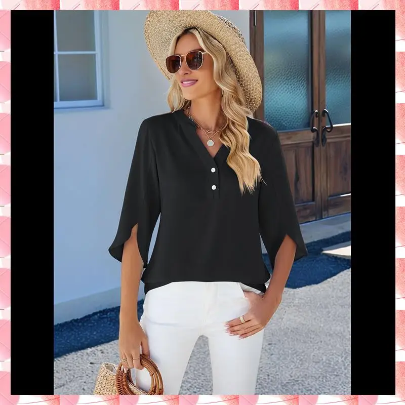 ผู้หญิงเสื้อชีฟองลําลองเสื้อ 1/2 Ruffled Sleeve V คอหลวม Fit เสื้อเสื้อ