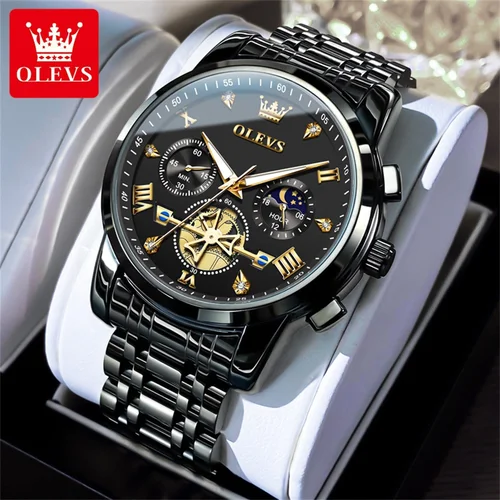 OLEVS relojes para hombre fase lunar 30m impermeable moda reloj de cuarzo genuino luminoso marca de acero inoxidable reloj de pulsera conjunto de caja