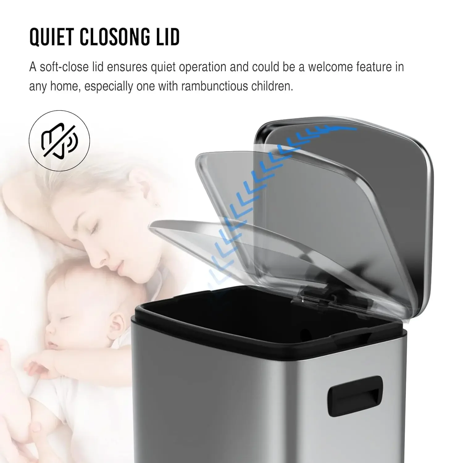 13 Gallon Stainless Steel Foot Pedal Trash Can with Soft Close Quiet Lid, Stainless-Steel Thickened Body Rectangular G