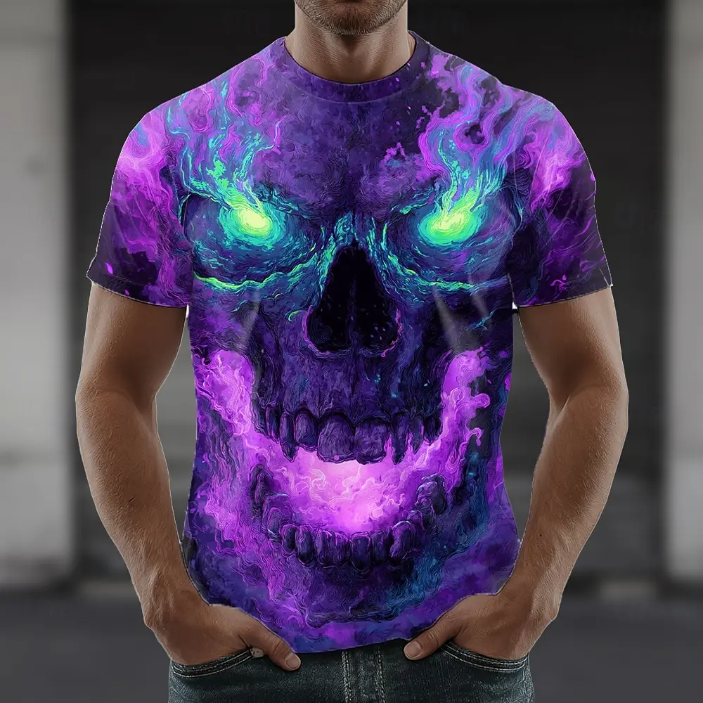 Halloween Men's Skull Optical Illusion 3D T Shirt Short Sleeve T shirt 3D Print Crew Neck Shirt
