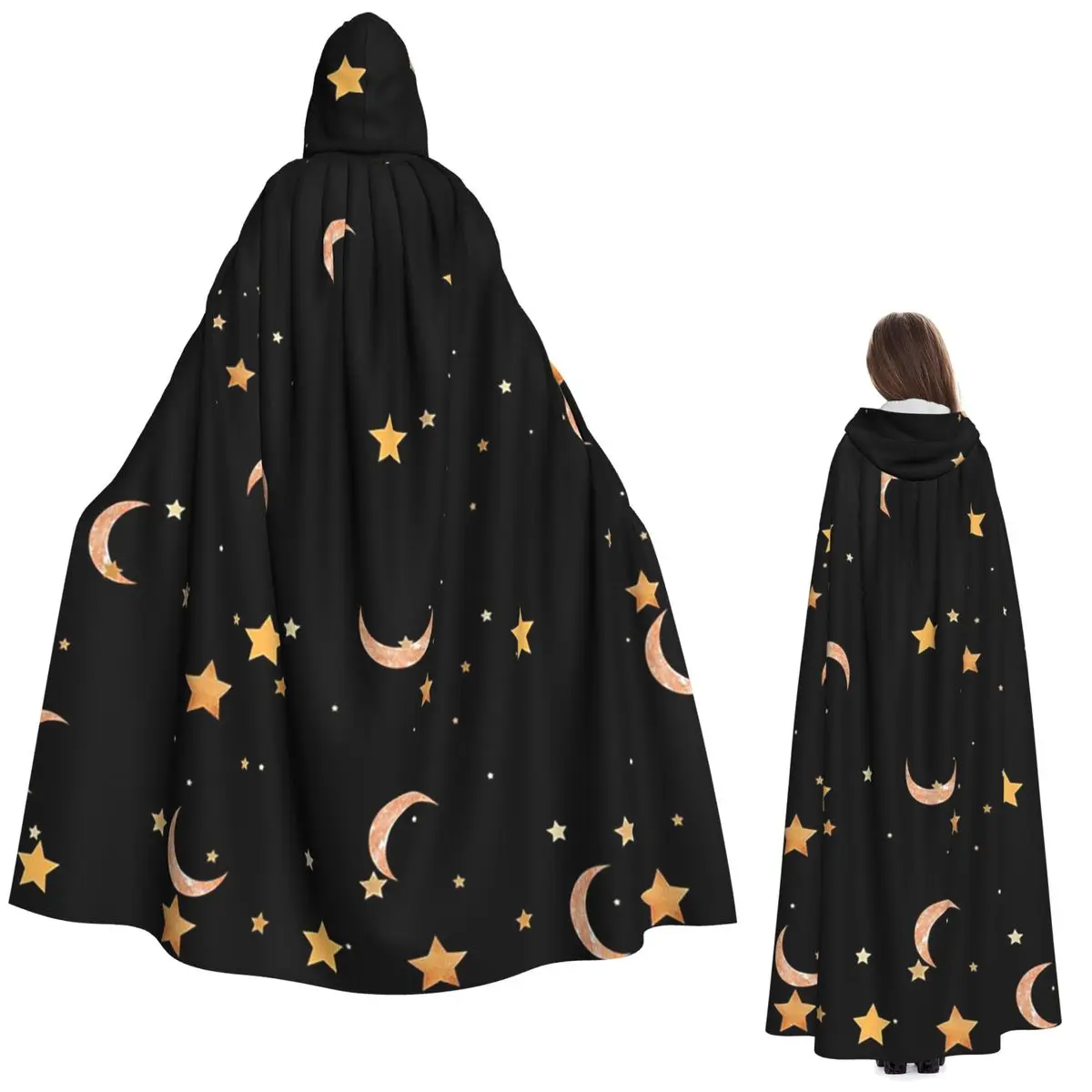 

Vintage Celestial Night Sky Star And Moon Print Long Hooded Cloak Witch Medieval Costume Cosplay Cape HalloweenVampire Unisex