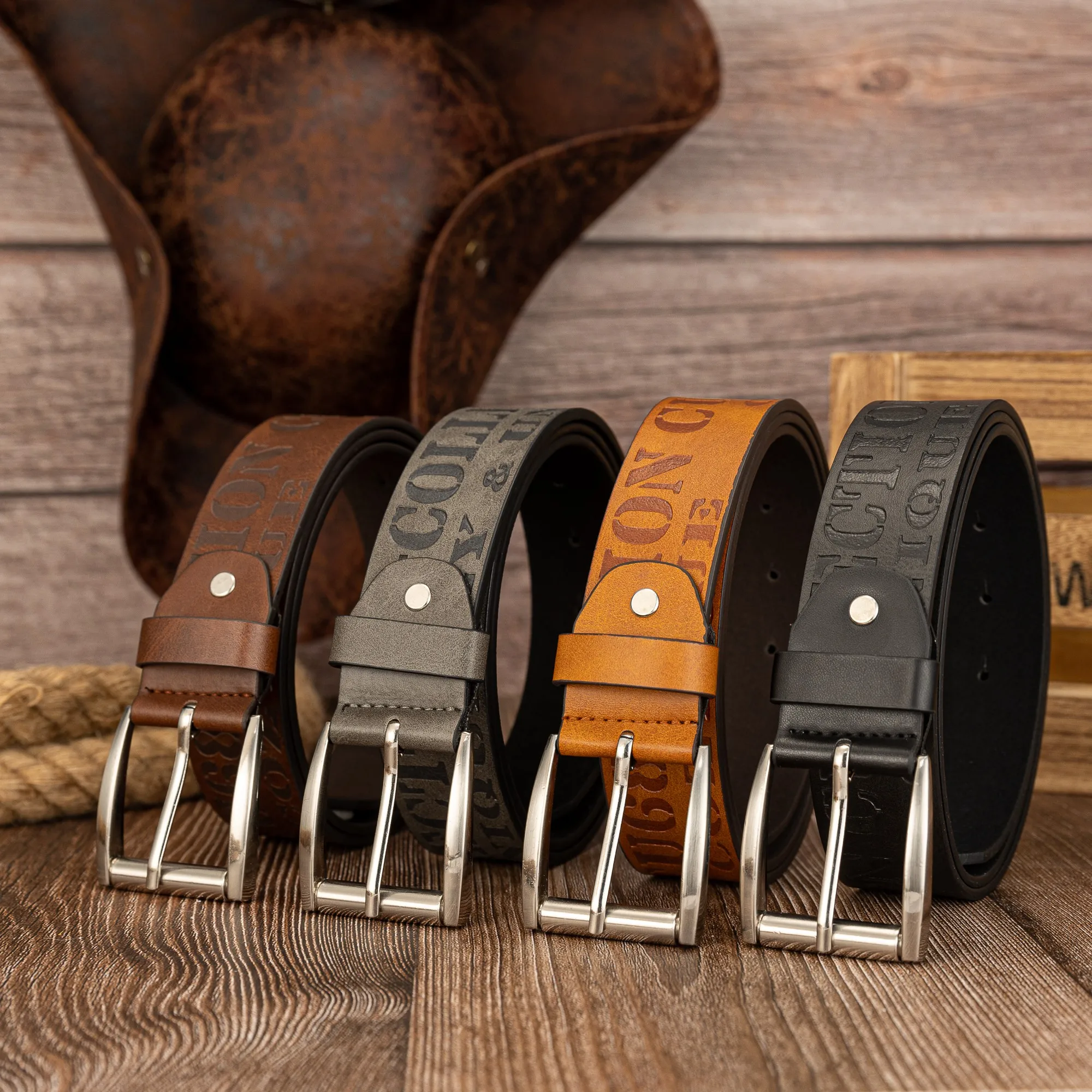 Needle buckle casual versatile double-row letter PU embossed belt