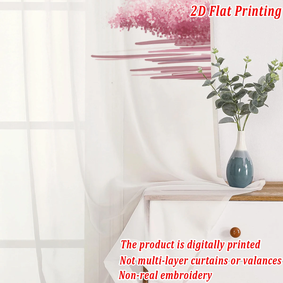 ستارة شفافة بطباعة مسطحة من أزهار الكرز الوردي، قماش خفيف، لغرفة المعيشة وغرفة النوم وديكور المنزل والنافذة