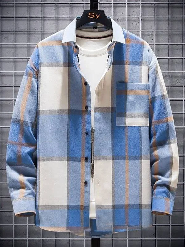 

New Men's Loose Brushed Plaid Long Sleeve Shirt Youth Fashion PU Leather Thickened Long Sleeve Square Collar Cleanfit Style