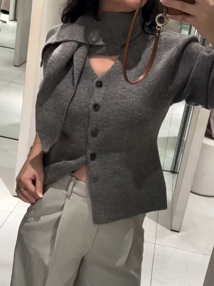 

HH женские модные однотонные вязаные топы с длинными рукавами и воротником-шарфом, однобортные кардиганы, женские весенние повседневные тонкие свитера, пальто