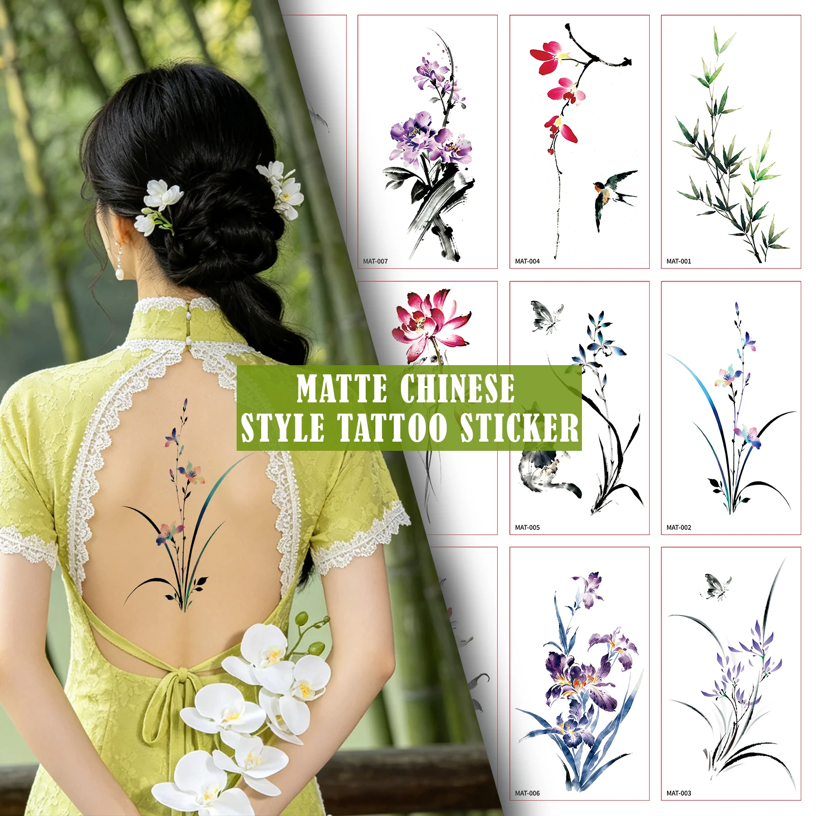 1 Sheet Matte Chinese Ancient Style Realistic Non-Reflective Temporary Tattoo Stickers for Body Art Cosplay Party