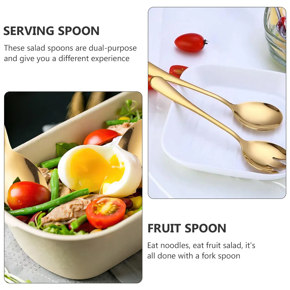 

2pcs Stainless Steel Salad Spoons Dual Purpose Fork Spoon For Fruit Noodles Serving Home Kitchen Use Mirror Polished Serving