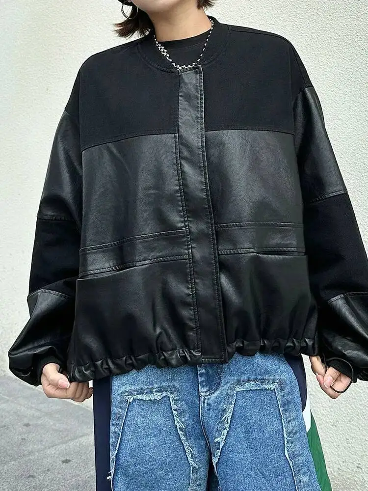 سترة سوداء برباط كبيرة الحجم من جلد البولي يوريثان سترة جديدة بياقة واقفة وأكمام طويلة معطف نسائي موضة المد ربيع الخريف