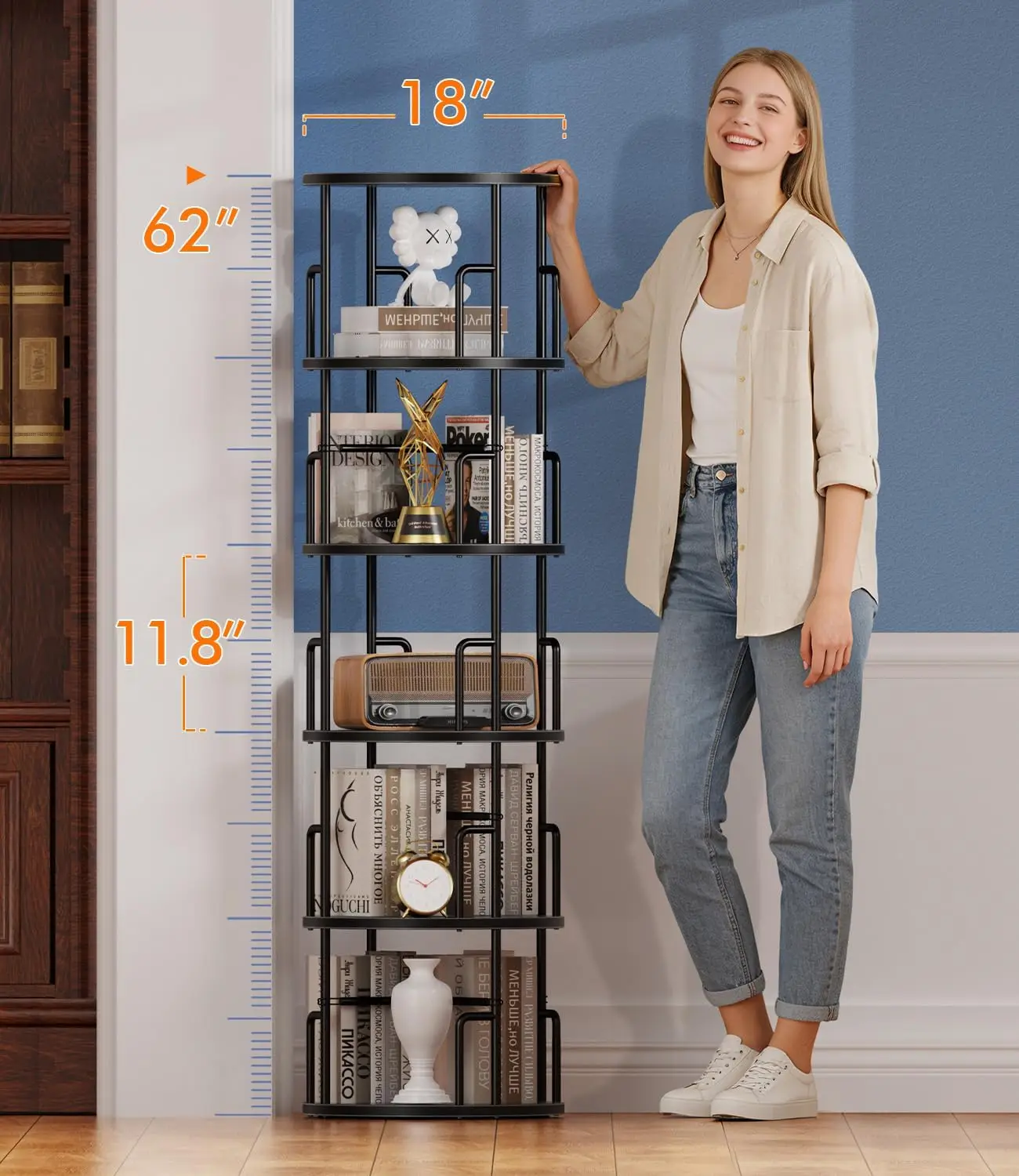 5 Tier Rotating Bookshelf Tower Round Black,62”Tall Standing Spinning Bookshelf Tower Anti-Tipping Design,   & Wood Rev