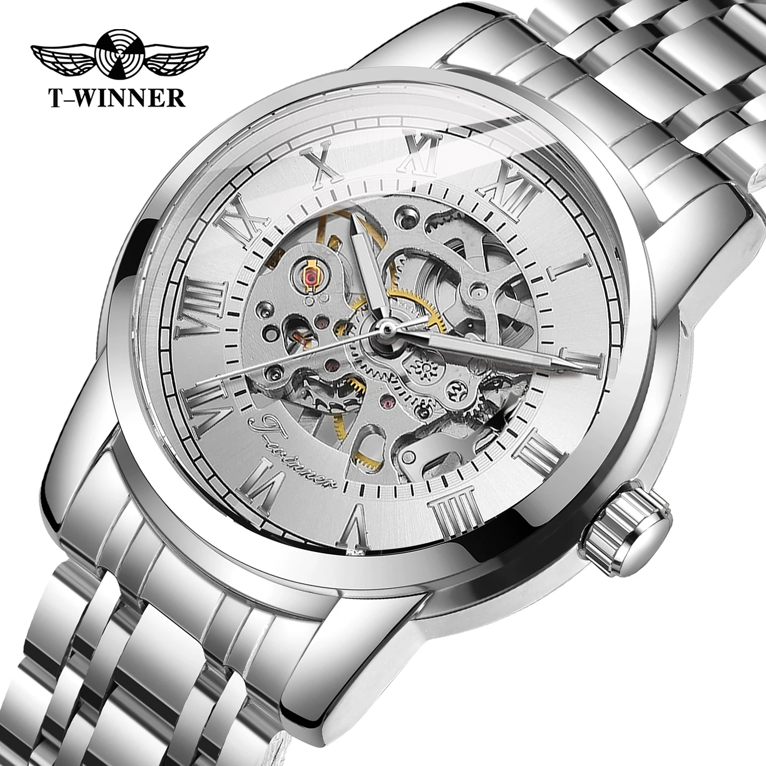 

T-WINNER модные роскошные мужские автоматические механические часы со скелетом, светящиеся указатели, римские цифры, спортивные часы из нержавеющей стали