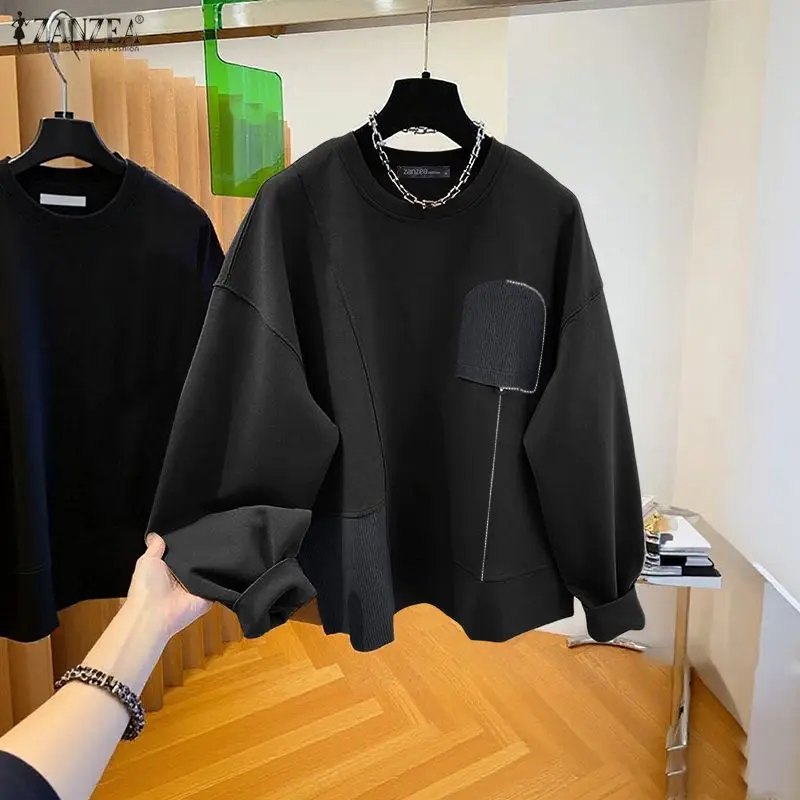 

ZANZEA женские пуловеры, толстовки с длинными рукавами в стиле пэчворк, модные джемперы 2026, повседневная свободная уличная одежда, элегантная женская одежда