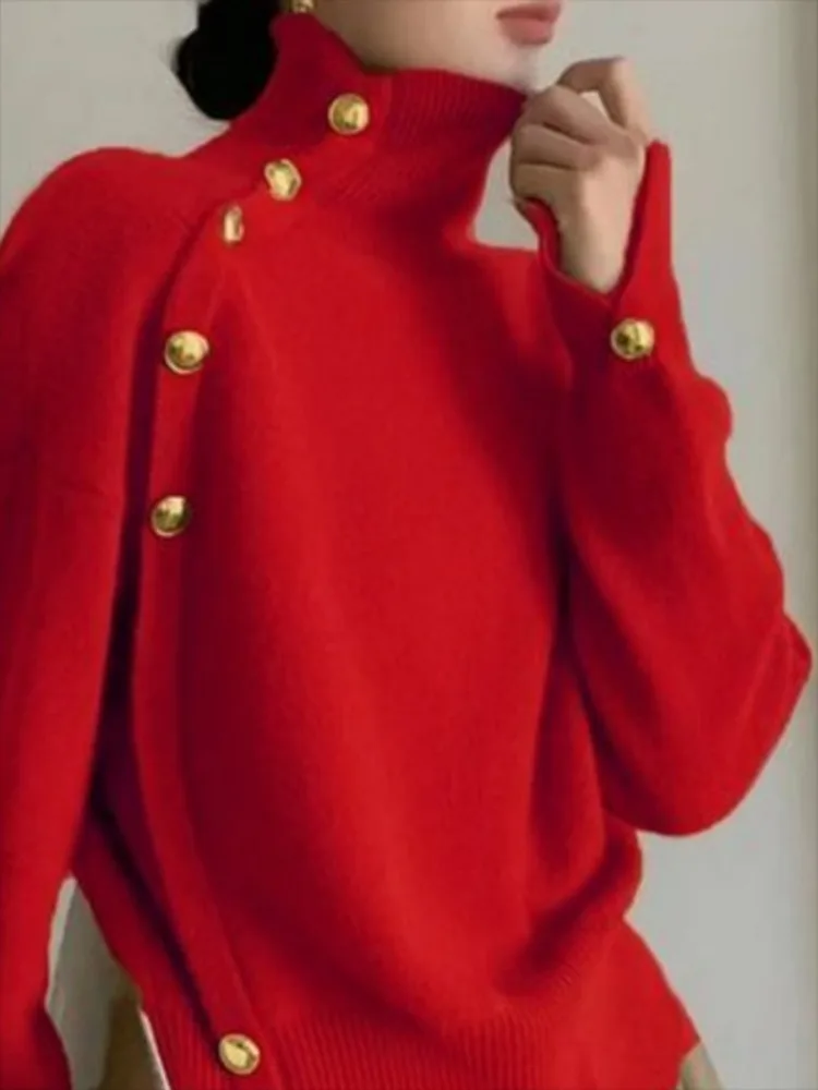 Yeezzi Damen-Pullover, Herbst-Winter, Stehkragen, roter Pullover, lange Ärmel, locker geknöpft, einfarbig, elegant, lässig, Party-Pullover