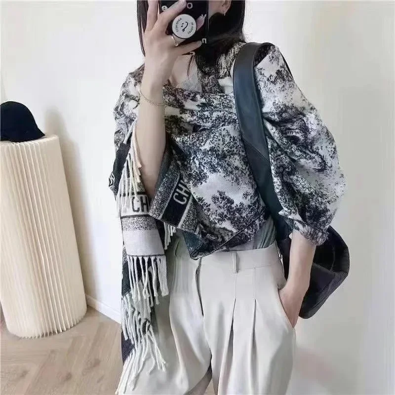 

2025 Autumn Winter Soft Neck Warming Scarf Outer Wear Thermal Shawl Chinese Style Calligraphy Print Fashionable Layering