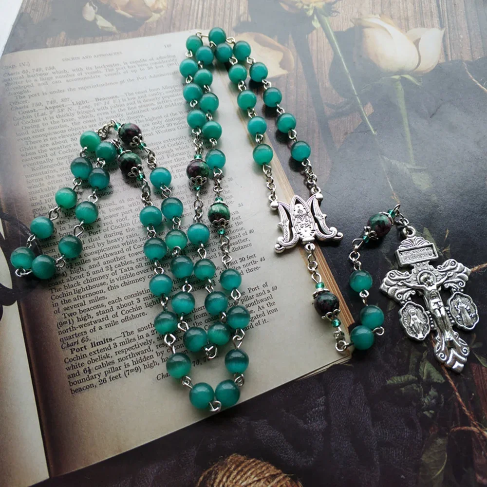 Our Lady Medalla Milagrosa St Benedict Crucifix Cross Rosary Necklace Church Pray Natural Opal Stone Bead Chain Jewelry