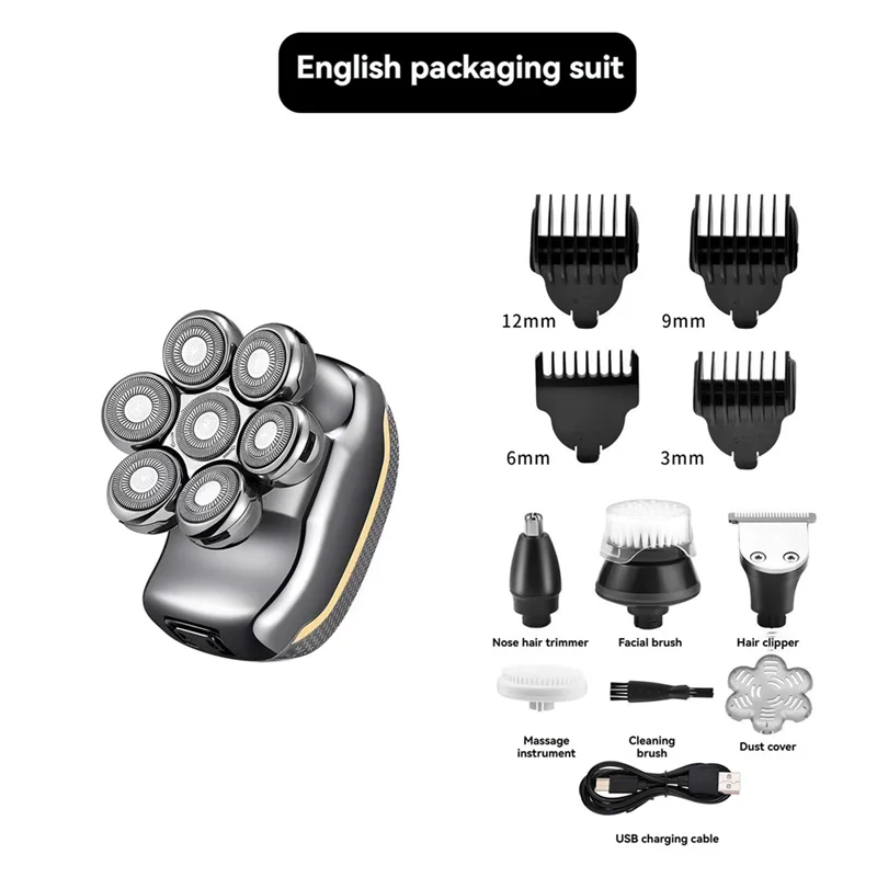 ABUU-6 في 1 ماكينة حلاقة كهربائية للرجال قابلة لإعادة الشحن ماكينة حلاقة للشعر اللاسلكية للرجل الأصلع مقاومة للماء ماكينة تشذيب اللحية الرطبة والجافة