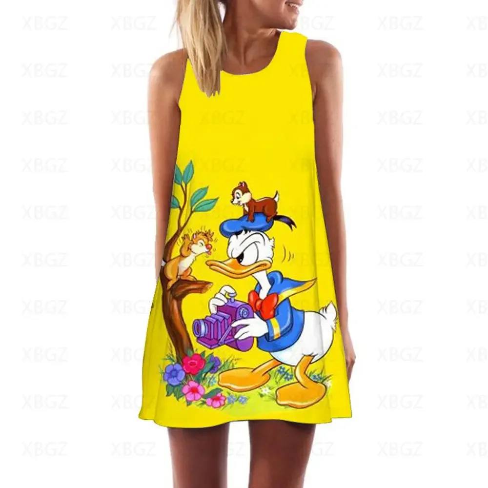 Mini Dress Women\'s Disney Summer Dresses Woman 2022 Cartoon Sundresses Sleeveless Beach Cool Party Fashion Donald Duck Boho Sexy