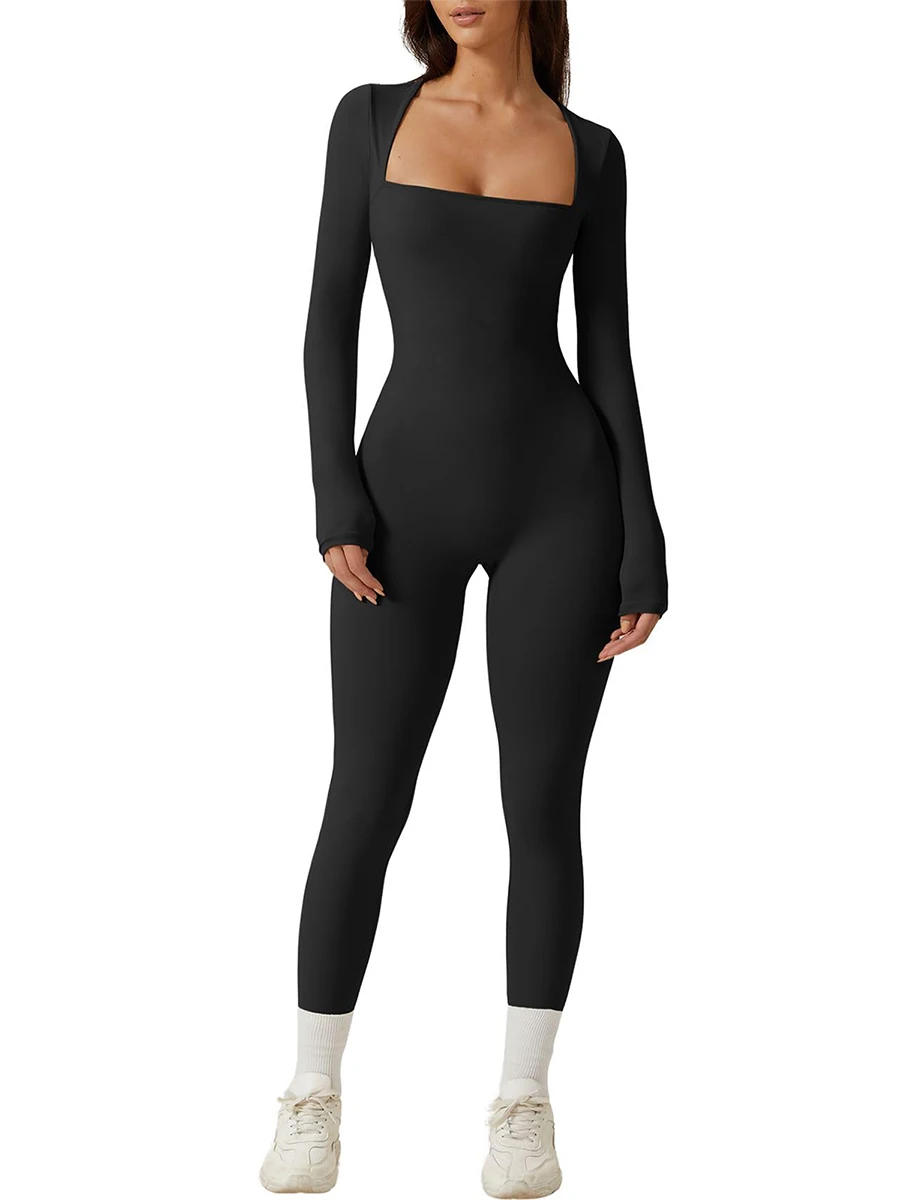 Jumpsuit lengan panjang leher persegi wanita, Legging panjang penuh Bodycon baju monyet latihan Yoga Playsuit Bodysuit