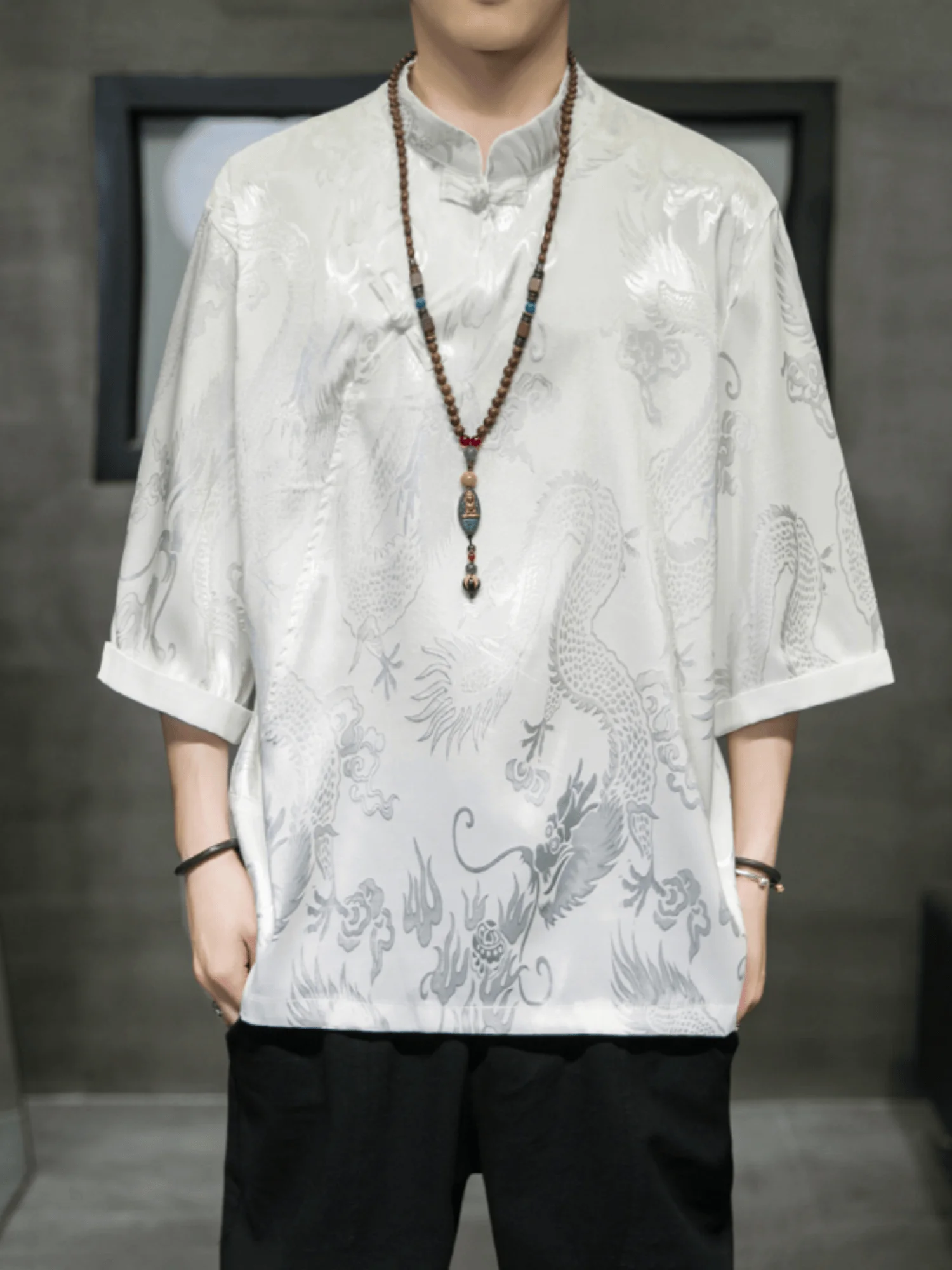 

Мужская летняя футболка из ледяного шелка с коротким рукавом, новая модель в китайском стиле Тан, буддийская роба, тонкая, дышащая, удобная, с принтом