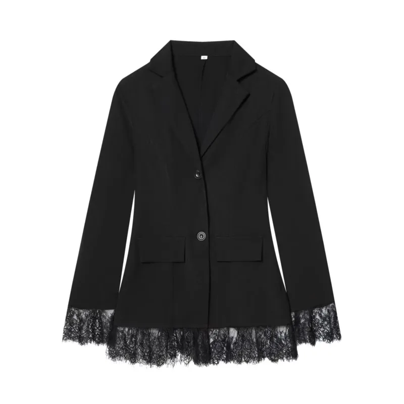 

Spring Women Slim Blazer with Lace Hem Office Lady Pocket Button Lapel Collar Long Sleeve Women's Coats Female Chic Tops