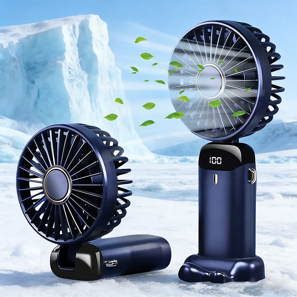 Portable Handheld Fan, 5 Speeds Neck Fan with LED Display, 1200mAh Rechargeable, Foldable 90°, Phone Stand, Mini USB Fan