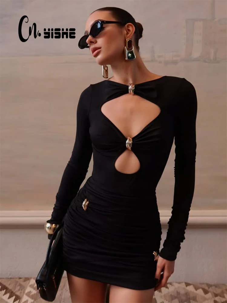 

CNYISHE Hollow Out O Neck Solid Sexy Club Women Dresses Skinny Fashion Long Sleeve Bodycon Hip Wrap Outfits Trendy Robes
