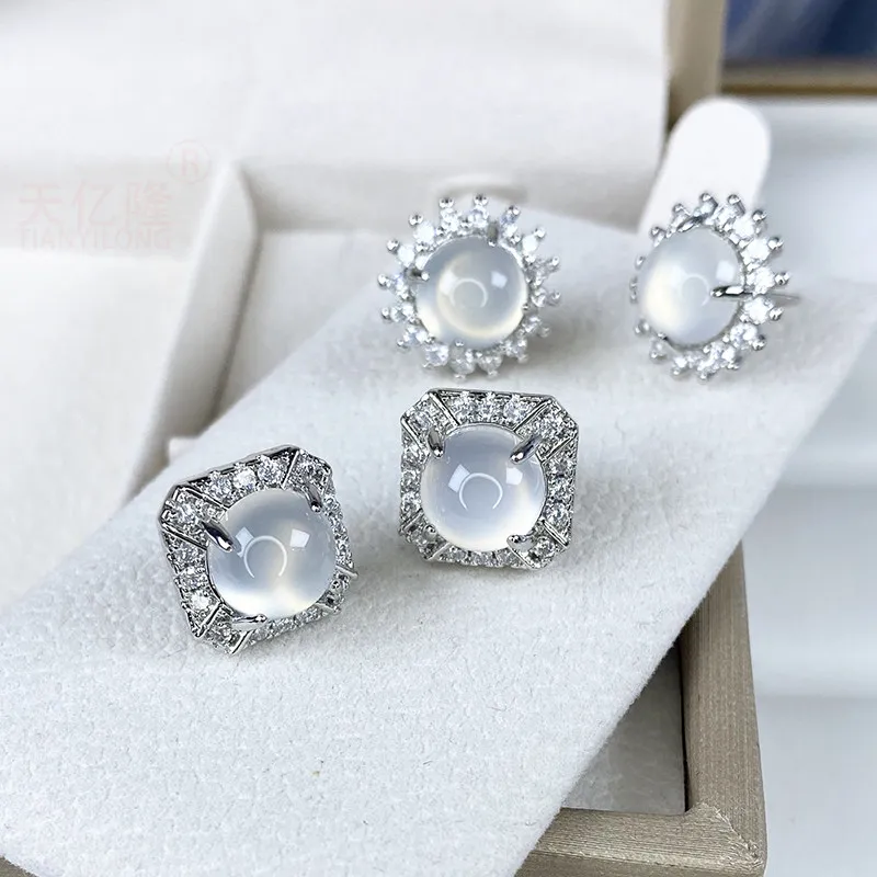 Chalcedony Stud Earrings Ice White Jade Earrings for Women Elegant Fashion Jewelry Light Luxury Gemstone